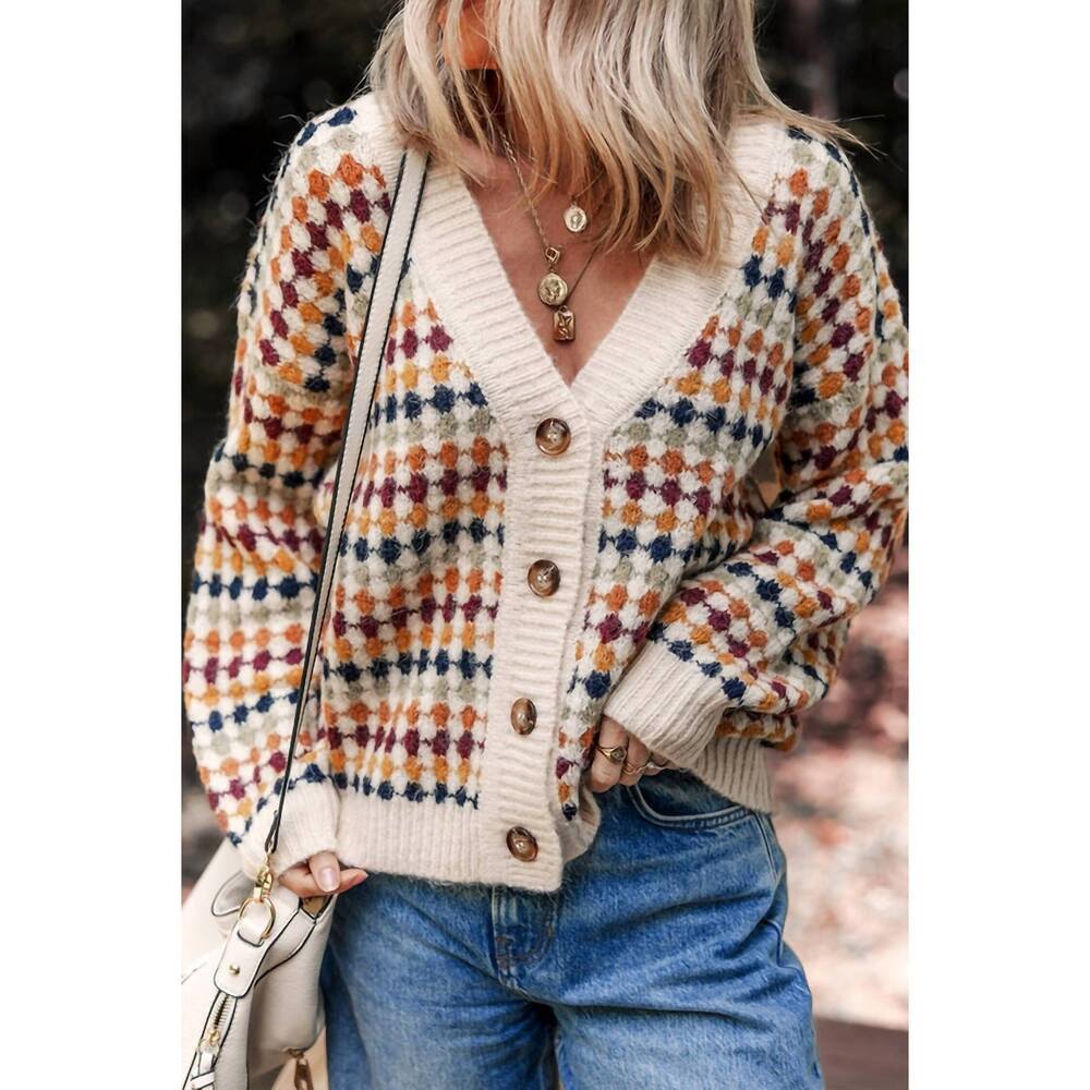 NEW 1 THE WOMAN dotty pattern v neck sweater cardigan in brown - Picture 2 of 7